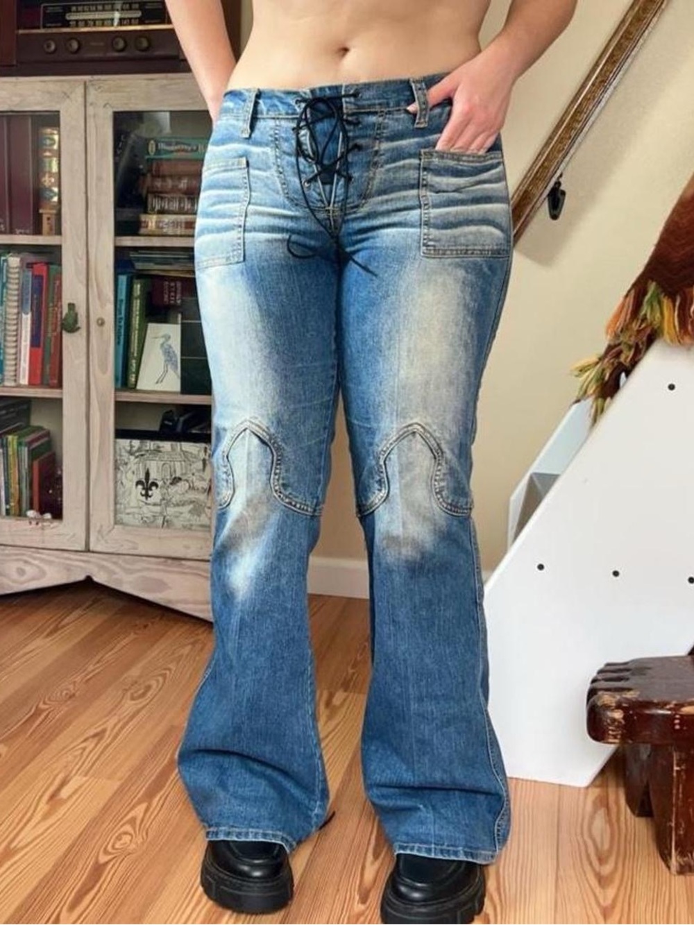 Vintage Y2K Rave Lace Up Suede Lowrise Flare Jeans Faded Western Festival Size 9